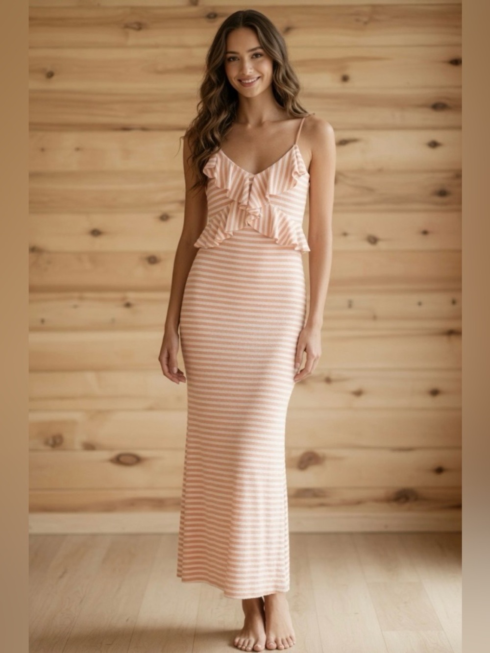 Chelsea & Violet Peach Striped Maxi Dress with  Spegetti Straps & Ruffles. NWT